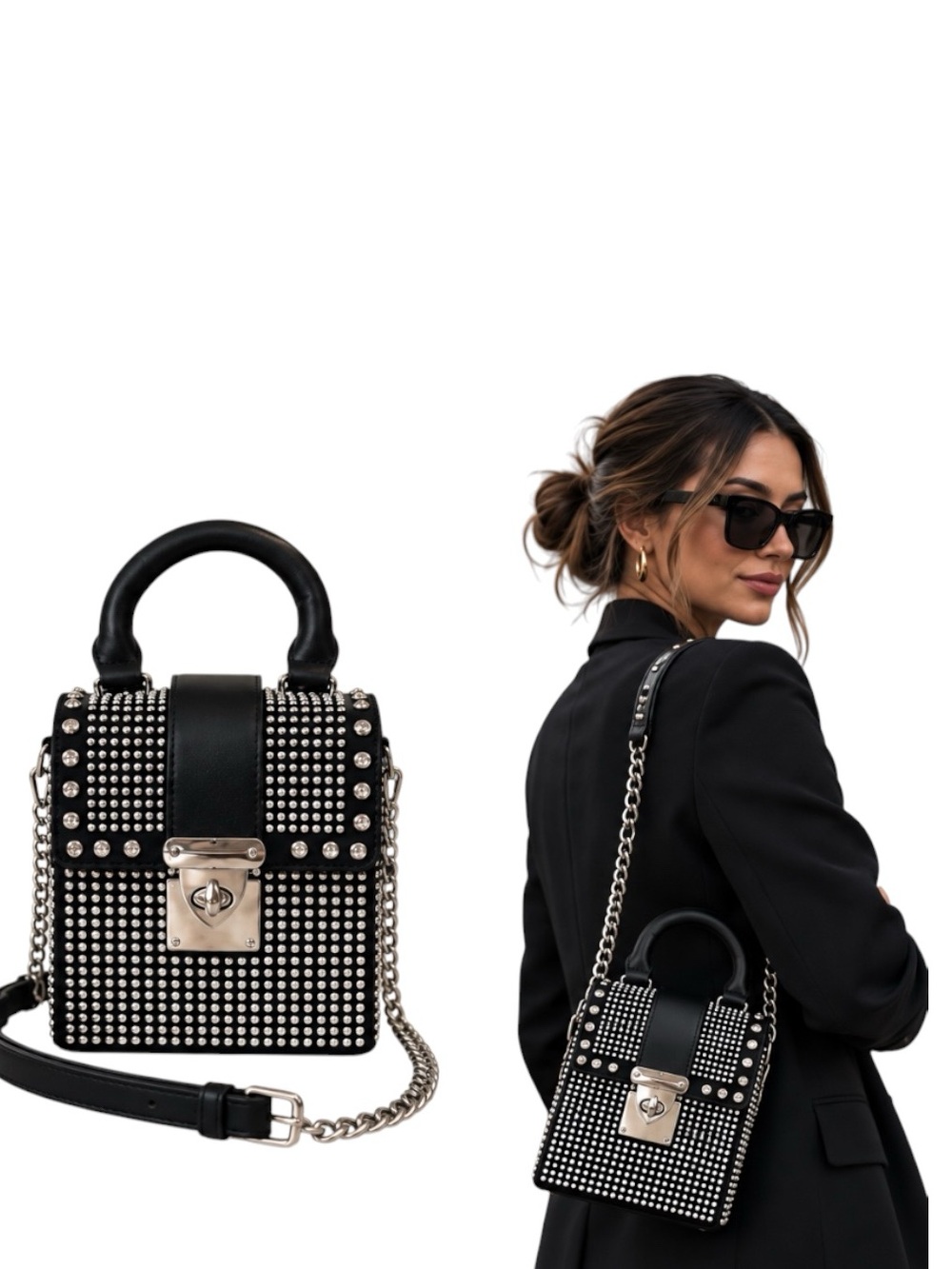 Black Rhinestone Studded Mini Bag Silver Chain Crossbody Purse